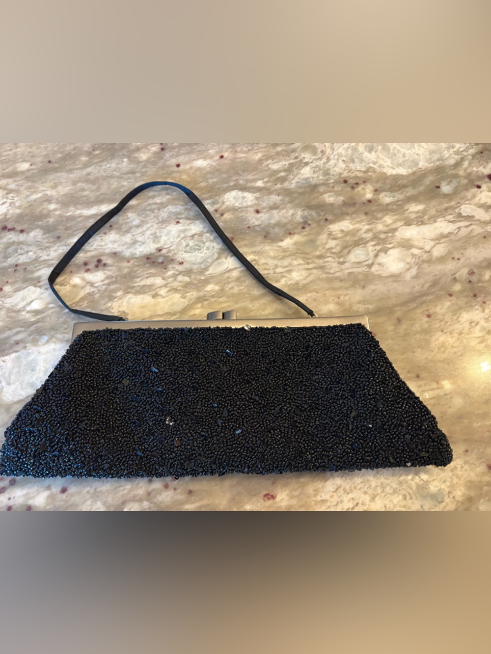 Black Beaded Evening Clutch with Wrist Strap
